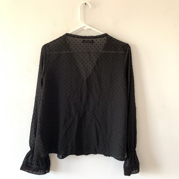 ZARA Black Ruffle Lace Trim Swiss Dot Blouse Size Large - Picture 2 of 4